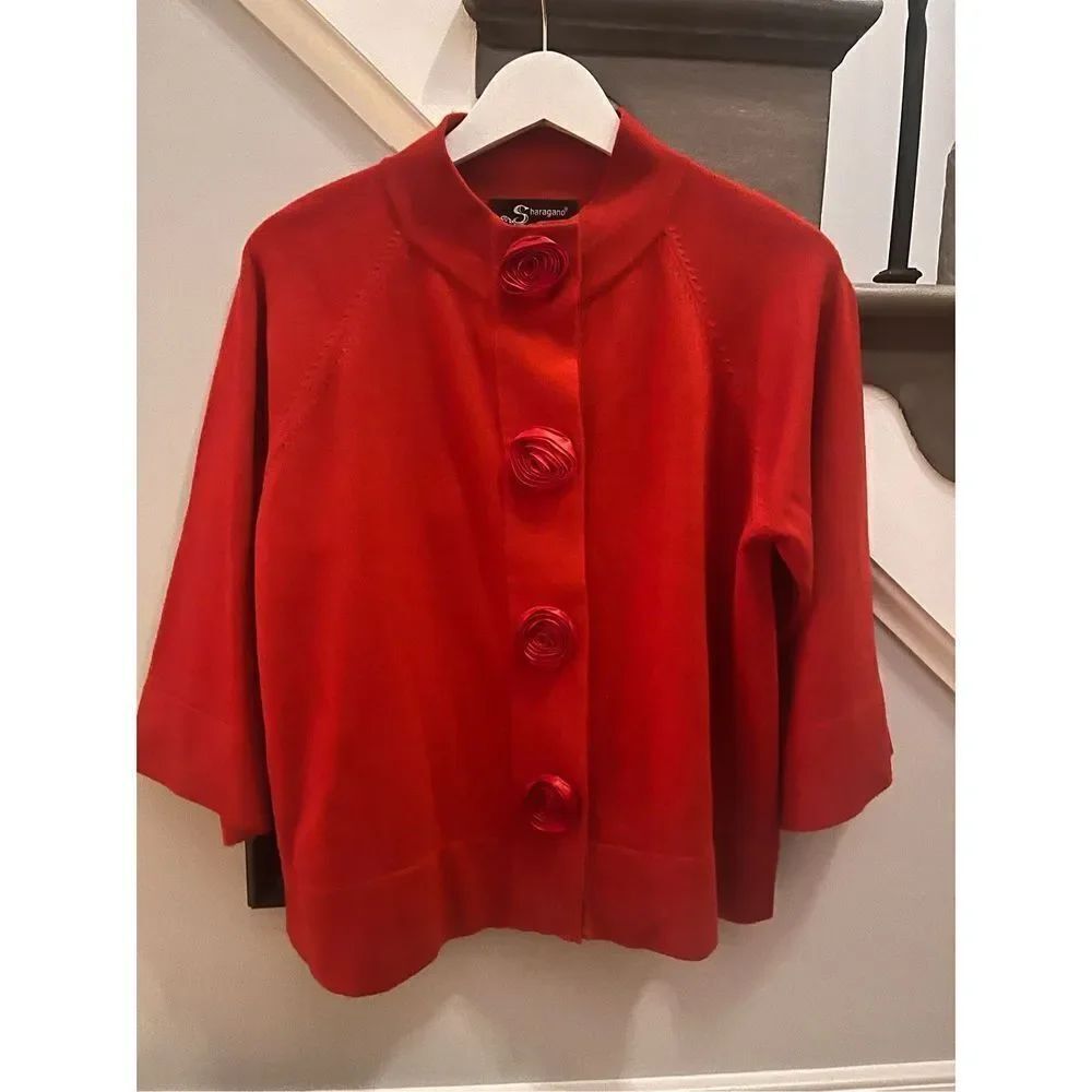 Sharagano Red Rosette Wide Sleeve Cardigan Holiday Sweater sz L EUC